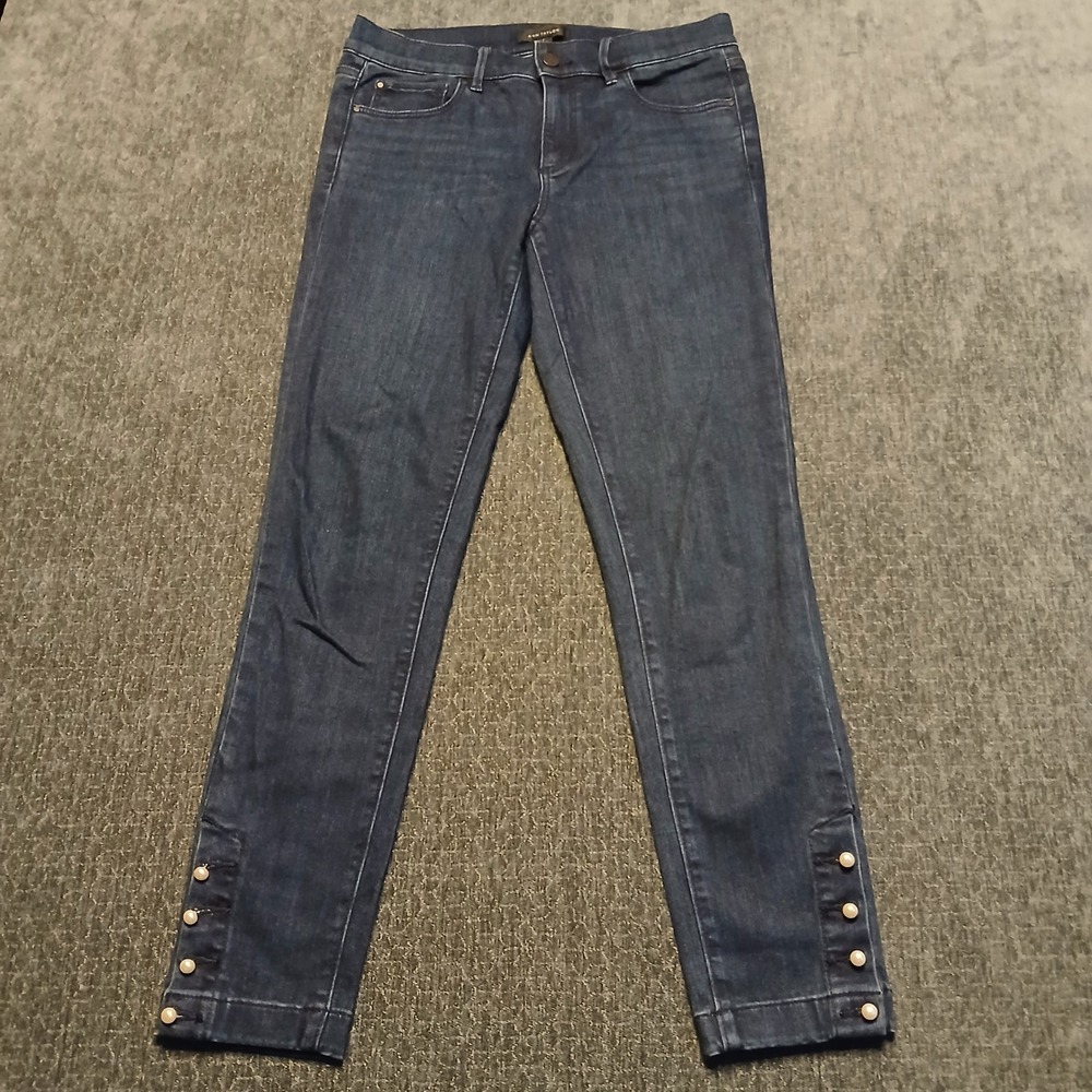 Ann Taylor The Skinny Jeans Dark Wash Pearl Button Ankle Size 4 Blue Stretch